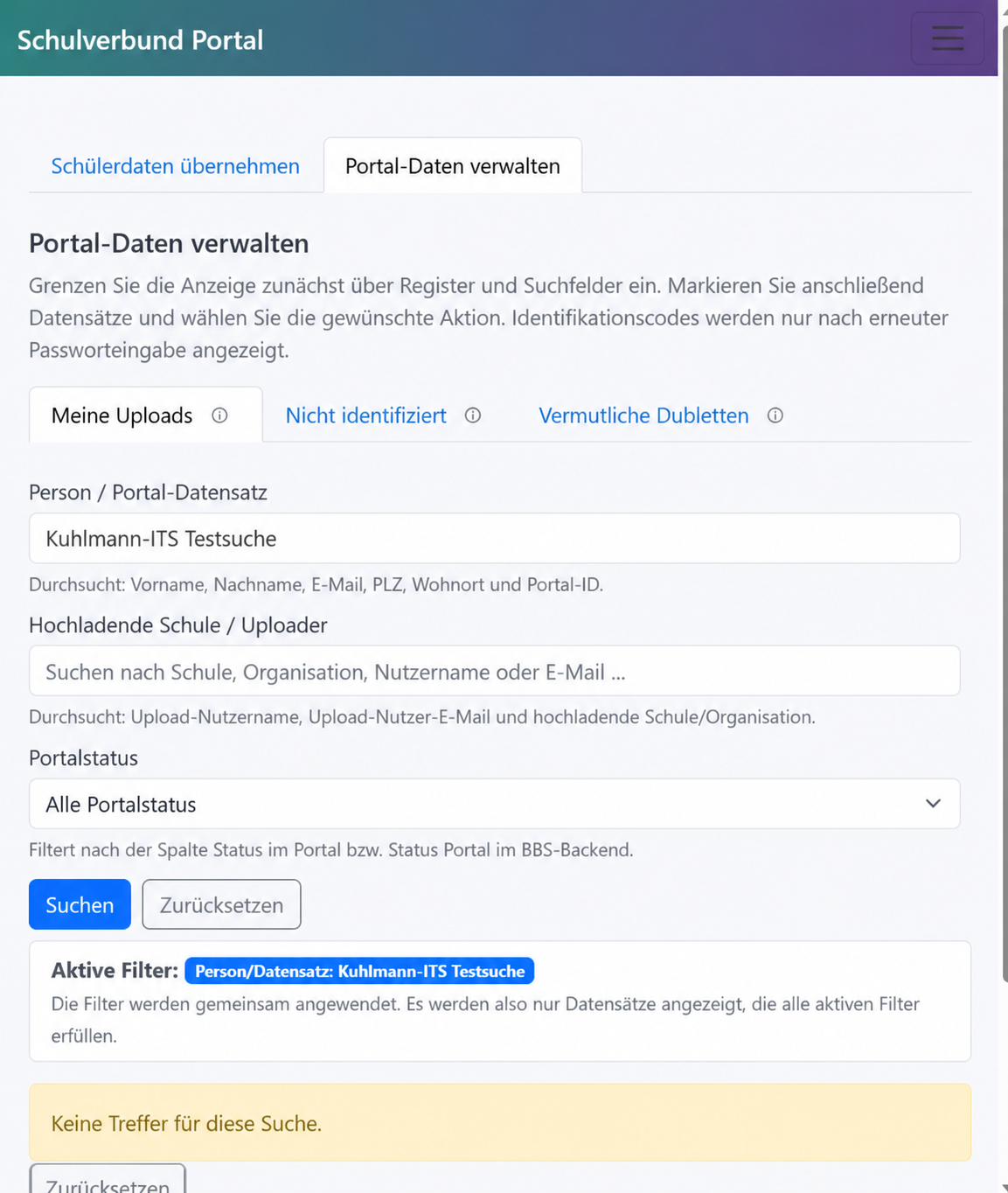 Portal-Datenverwaltung mit Registern, Suchfeldern und Auswahlaktionen