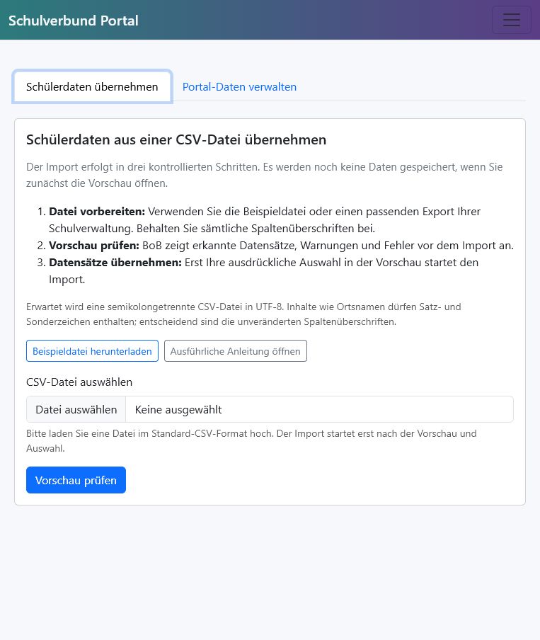 Arbeitsbereich Schülerdaten übernehmen mit den drei Schritten Datei vorbereiten, Vorschau prüfen und Datensätze übernehmen